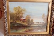 Vintage Framed Print - Spencer Coleman 'Village in Autumn' Ornate Gilt Frame