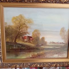 Vintage Framed Print - Spencer Coleman 'Village in Autumn' Ornate Gilt Frame