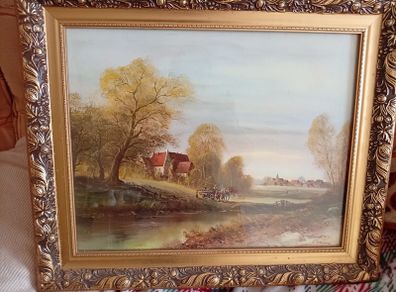 Vintage Framed Print - Spencer Coleman 'Village in Autumn' Ornate Gilt Frame