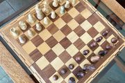 Vintage Marquetry Inlaid Folding Wooden Chess Board Chess Pieces Dice and Counters