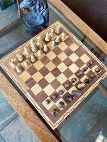 Vintage Marquetry Inlaid Folding Wooden Chess Board Chess Pieces Dice and Counters
