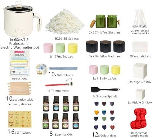 Scented Candle Making Kit with Electric Wax Melter, Candle Making Supplies for Adults Beginners, DIY Craft Tools to Make Your Own Including Dye, Essential Oil, Soy Wax, Wicks, Candle Jars