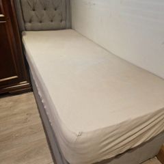 Small in width single bed. 1 year old. Teenagers room is being renovated. Bed with mattress and headboard.