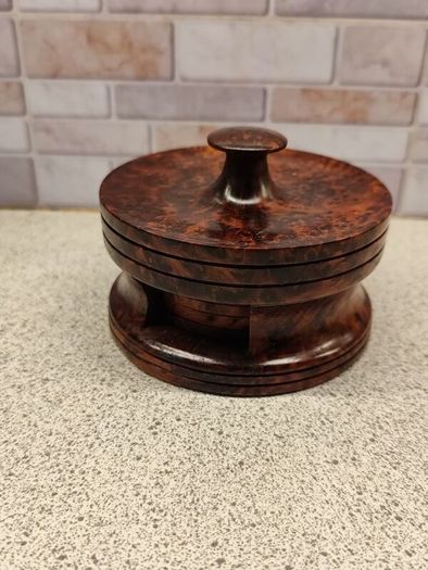 Vintage Hand Turned Burr Wood Coaster Set Solid Timber 7 Piece Mint Condition