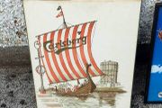 Pat liddy ,irish artist, historian,,1988 Carslberg viking ship Dublin port advertising  art picture,,see picture for condition ,sold as seen .