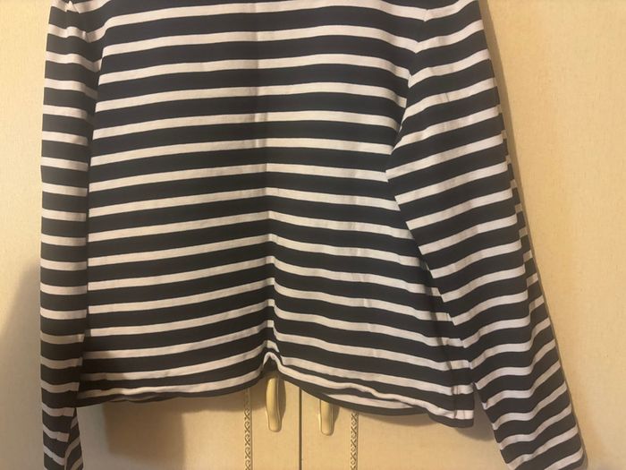 COS Navy and Cream Stripe Long Sleeve Top with Green/brown Trim - Size L
