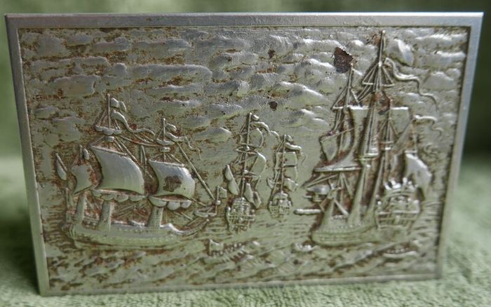 Vintage Wooden Cigarette Box with ship galleons decoration
