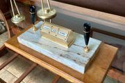 Tabletop Perpetual Calendar with Two Penholders on Marble Onyx Stand on teak Coloured Wooden Base