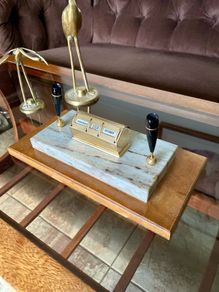 Tabletop Perpetual Calendar with Two Penholders on Marble Onyx Stand on teak Coloured Wooden Base