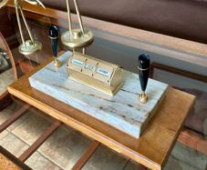 Tabletop Perpetual Calendar with Two Penholders on Marble Onyx Stand on teak Coloured Wooden Base