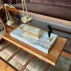 Tabletop Perpetual Calendar with Two Penholders on Marble Onyx Stand on teak Coloured Wooden Base