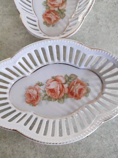 SET OF 2 Bavaria Schumann reticulated tray or dish hand painted floral pattern perfect dresser dish