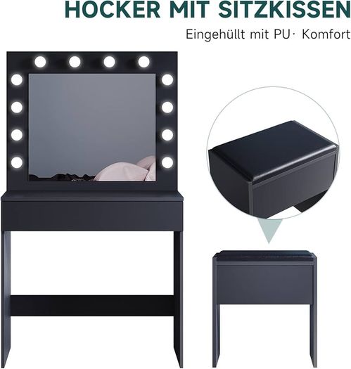 dressing table with stool, illuminated mirror, drawers, cosmetic table with 12 lights, 10 adjustable brightness, 3 colors, dressing table chest of drawers for bedroom, black, 80x40x140cm.
