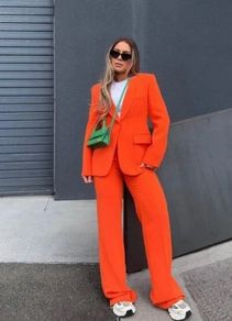 Fab Zara Bloggers Insta Famous Pumpkin Orange Suit Co Ord Blazer and Trousers   Size XL UK 14