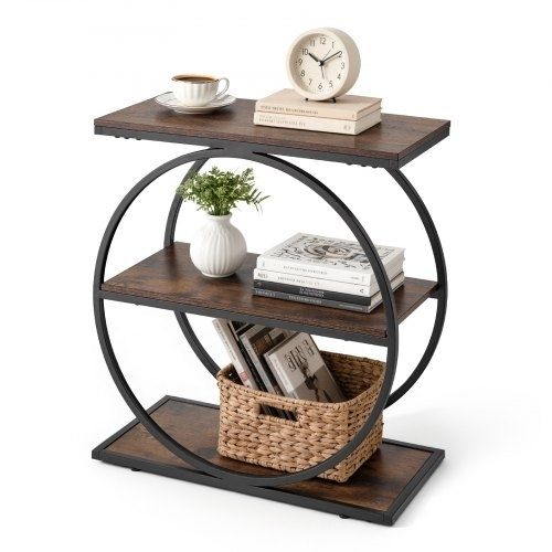 End Table, 3-Tier Narrow Side Table with Open Storage Shelves, Modern Nightstand Bedside Desk with Round Metal Frame, Wood Sofa Coffee Desk for Living Room, Bedroom, Office, Rustic Brown