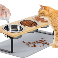 Cat Bowls with Stand & Feeding Mat, 3Pcs Deep Stainless Steel Food Bowls (500ml) for Pet