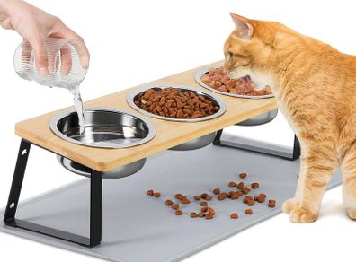 Cat Bowls with Stand & Feeding Mat, 3Pcs Deep Stainless Steel Food Bowls (500ml) for Pet