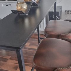 Table Breakfast Dining Table Black Coffee Table Party Table Metal in Black Frame with Footrest,