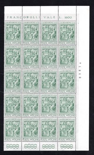 1972 Vatican City The 500th Anniversary of the Death of Bessarione Commemorative Stamps Marginal Panes of 20 Mint Never Hinged (MNH)