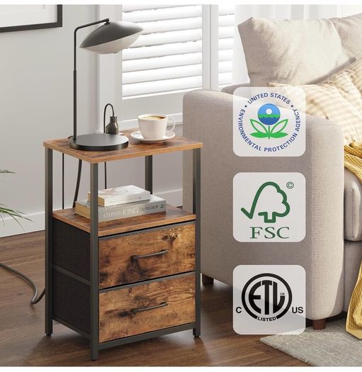 Bedside Table with Charging Station, Side Table with 2 USB Ports and Outlets, Nightstand with Cloth Drawer