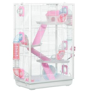Hamster Cage, Gerbil Cage w/ Tubes, Exercise Wheel, Hut, Ramps, Platforms, 47 x 29.5 x 76cm - White
