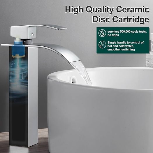 Waterfall Tall Bathroom Basin Mixer Taps with Single Lever, Square Mono Basin Mixer Tap Sink, Chrome