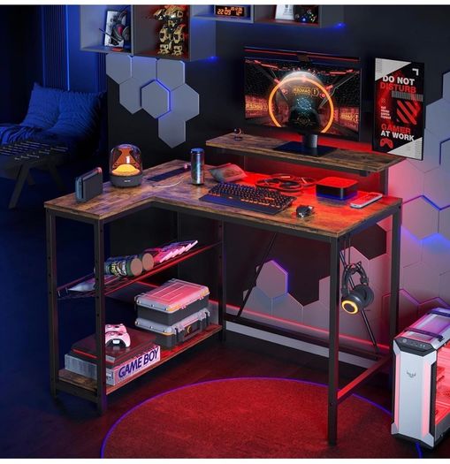 106.5CM L-Shaped Desk with 3 Power Outlets, 2 USB Ports & LED Strip Lights, Reversible Corner Workstation with Shelves & Hooks for Office & Gaming