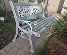 Garden Bench Cast iron fully restored seat outside outdoor garden sitting treated timber decorations, furniture patio  decking, home house cottage ignore flowers pots plants, garden statue chair  swing patio heater bbq hammock sun  farm shop gift
