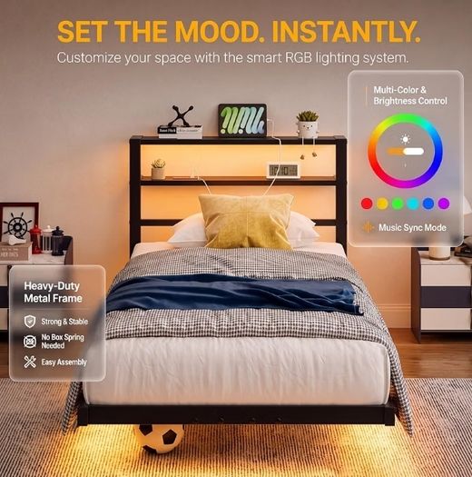 Single Floating Metal Bed Frame with LED Lights Storage Shelf Walnut Floating Metal Platform Bed With USB Charging Station Heavy Duty Noise Free Slats No Box Spring Needed For Bedroom