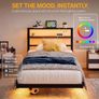 Single Floating Metal Bed Frame with LED Lights Storage Shelf Walnut Floating Metal Platform Bed With USB Charging Station Heavy Duty Noise Free Slats No Box Spring Needed For Bedroom Image 3