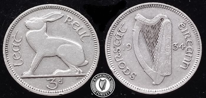 [#698] - Ireland 1934 | Irish 3d | Three Pence | Hare | KM.4