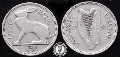 [#698] - Ireland 1934 | Irish 3d | Three Pence | Hare | KM.4