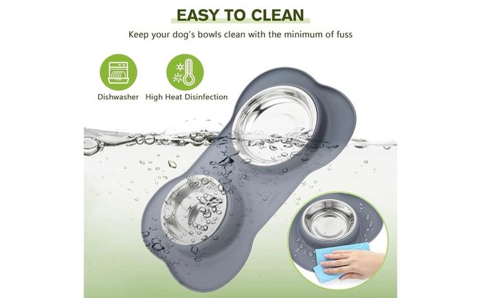 Pecute Dog Bowls Non Slip, Stainless Steel Double Bowls Set with Non-Spill Silicone Mats Tray.