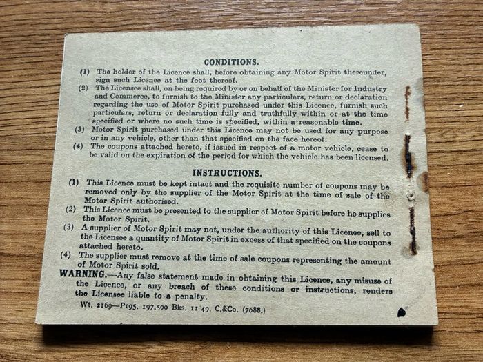 Rare Irish 1950 motor spirit ration book. Full book