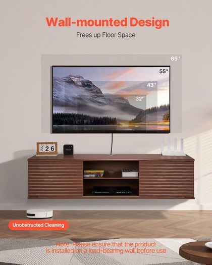 Floating TV Stand, 60" Wall Mount Entertainment Center with Adjustable Shelf & Sliding Doors, 2 Tiers Floating TV Shelf with Storage Cabinet for DVD Player, Cable Box