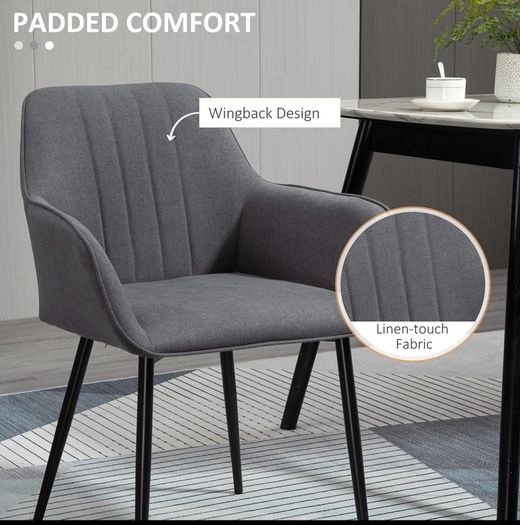 Mid-Century Dining Chairs Upholstered Linen Fabric Accent Chairs with Metal Legs, Set of 2, Dark Grey
