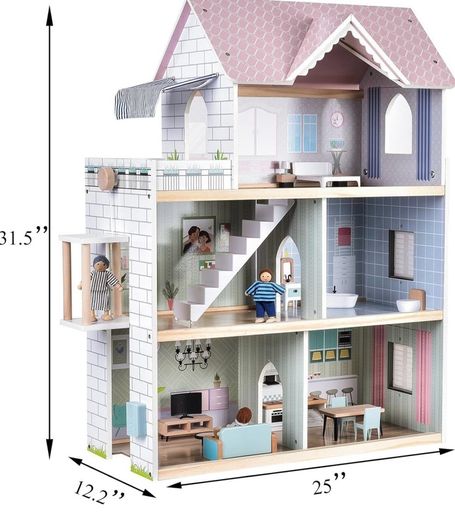 Wooden Dolls House, 2.6 Feet High with Elevator, Doorbell, Light 15 Pieces Furnitures and 3 Dolls, Toys Suitable for Girls Aged 3-7+, Birthday and Christmas Gift