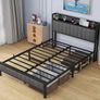 Double Bed Frame with Storage Headboard Shelf, 4ft6 Upholstered Bed Frame Doule Bed with Metal Slats Enhanced Support, No Box Spring Needed, Gray Double Bed Image 4