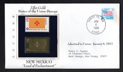 1988 USA New Mexico "Land of Enchantment" 22kt Gold Replica of the 1976 United States Flag Stamps showing 25c US flag definitive tied Santa Fe, New Mexico (state capital) illustrated cover