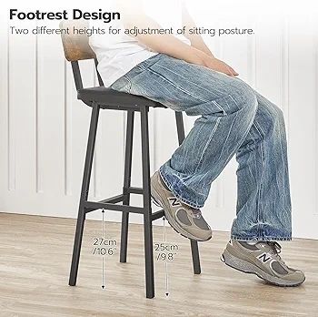 Bar Stools Set of 2, PU Upholstered Breakfast Bar Stools, Industrial Barstools with Backrest and Footrests, Bar Chairs for Kitchen, Dining Room, Bar, Rustic Brown and Black