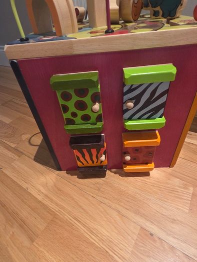 B. Toys Wooden Activity Cube, Wooden Workbench & Soft toys