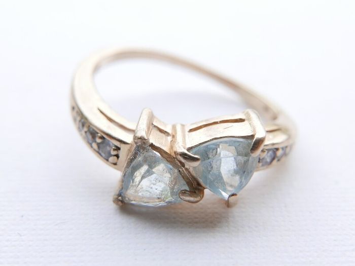 Vintage Solid 14k Gold Aquamarines And Diamonds Ring Size O - 3,35g
