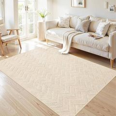 Rugs Living Room 120x170 cm, Beige Rug Non Slip Geometric Carpet, Fluffy Shaggy Area Rugs for Bedroom Lounge Kids Office