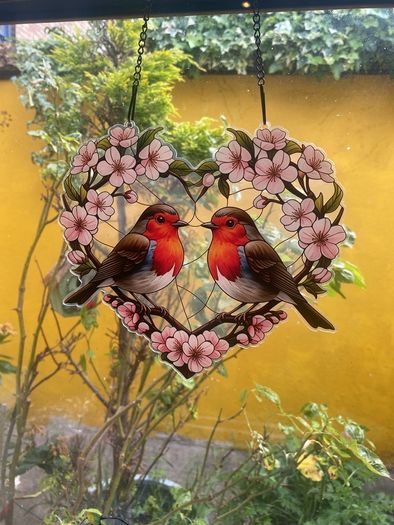 2 Robins in a heart Suncatcher