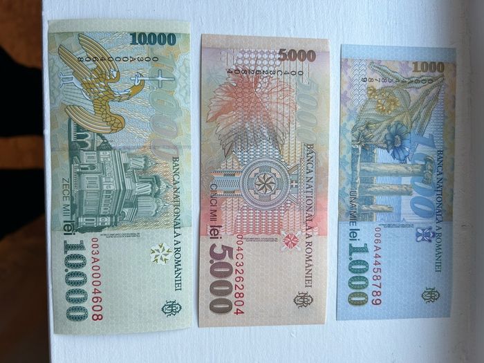 3 Banknotes 1000 5000 10000 lei Romania UNC