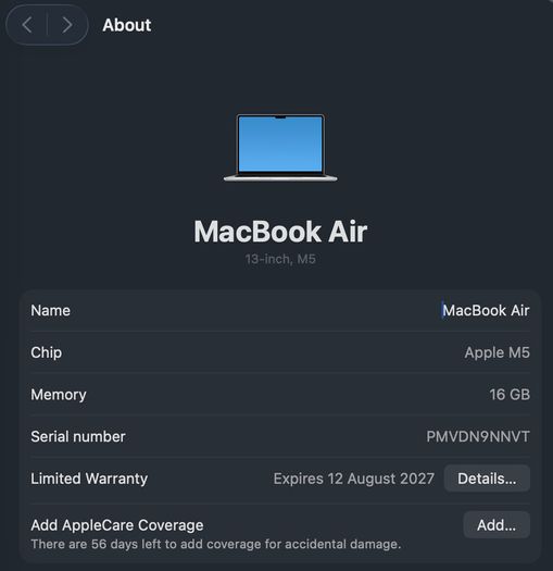 Apple MacBook Air 2026 13in M5 16GB 512GB - Silver