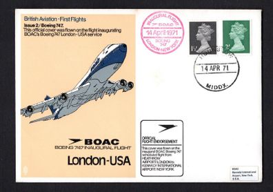 1971 Great Britain British Aviation First Flight Cover Issue 2 Boening 747. Flown on the flight inaugurating BOC Boeing 747 London (Heathrow) to USA (JFK New York) Service tying Machin definitive. With arrival cancel on reverse.