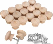 Round Unfinished Wood Knobs with Screws (20 Pack) - 3.4 x 2.5cm / 1.34 x 0.98 Inches - Natural Wooden Birch Door Knob Hardware - Furniture Cabinet, Wardrobe, Cupboard & Drawer Pull Handles