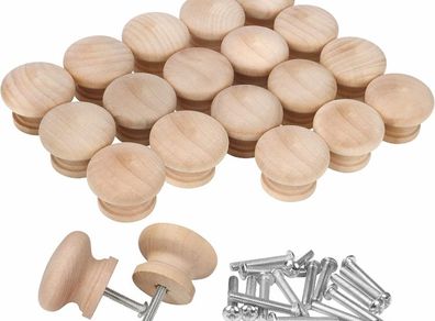 Round Unfinished Wood Knobs with Screws (20 Pack) - 3.4 x 2.5cm / 1.34 x 0.98 Inches - Natural Wooden Birch Door Knob Hardware - Furniture Cabinet, Wardrobe, Cupboard & Drawer Pull Handles