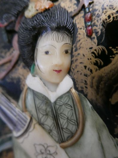 Vintage large Japanese Mother of Pearl Wall Panel / Black Lacquer Geisha Warrior & Floral ORIENTAL WALL ART